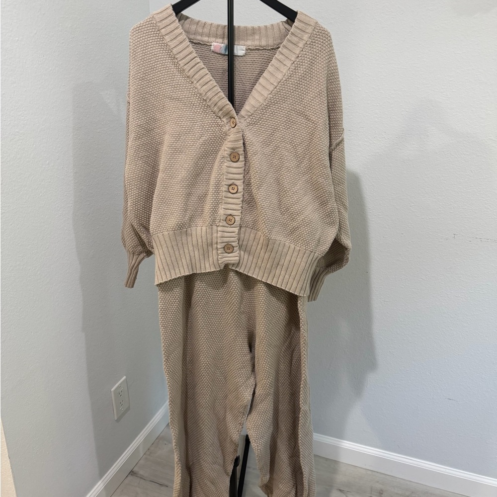 Neutral Ribbed Knit Cardigan Set - Light Taupe